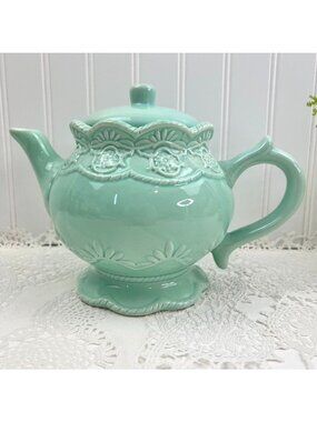 A Special Place Embossed Teapot & Lid Turquoise Ceramic Floral Cottage Core